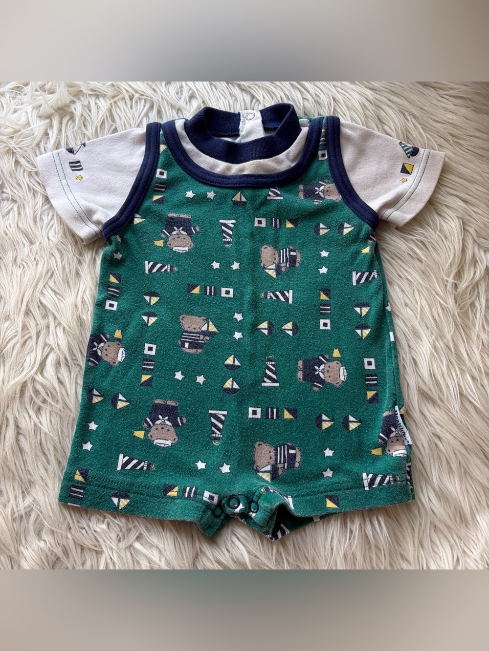 Vintage 90s Healthtex Green Sailor Teddy Bear Romper One Piece Nautical 12 Month